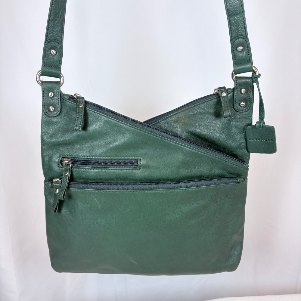 Levenger Forest Green Leather Crossbody Bag RFID 7 Pocket Messenger Purse
